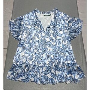 Lauren Ralph Lauren Womens 3X Blue White Paisley Ruffle Peplum Blouse Top